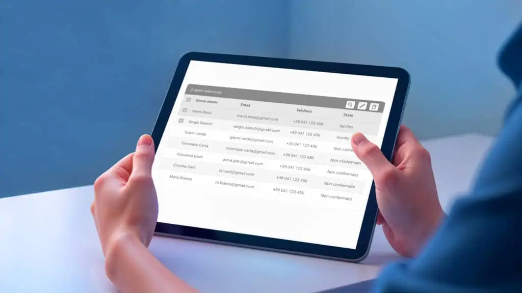 Persona che visualizza una tabella digitale su tablet, esempio di design moderno.