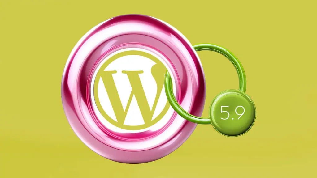 Immagine rappresentante il logo di WordPress 5.9 con elementi grafici moderni.