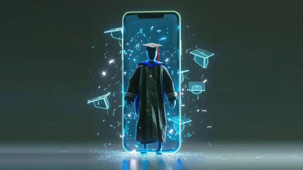 Studente in abito accademico che emerge da uno smartphone con elementi digitali.