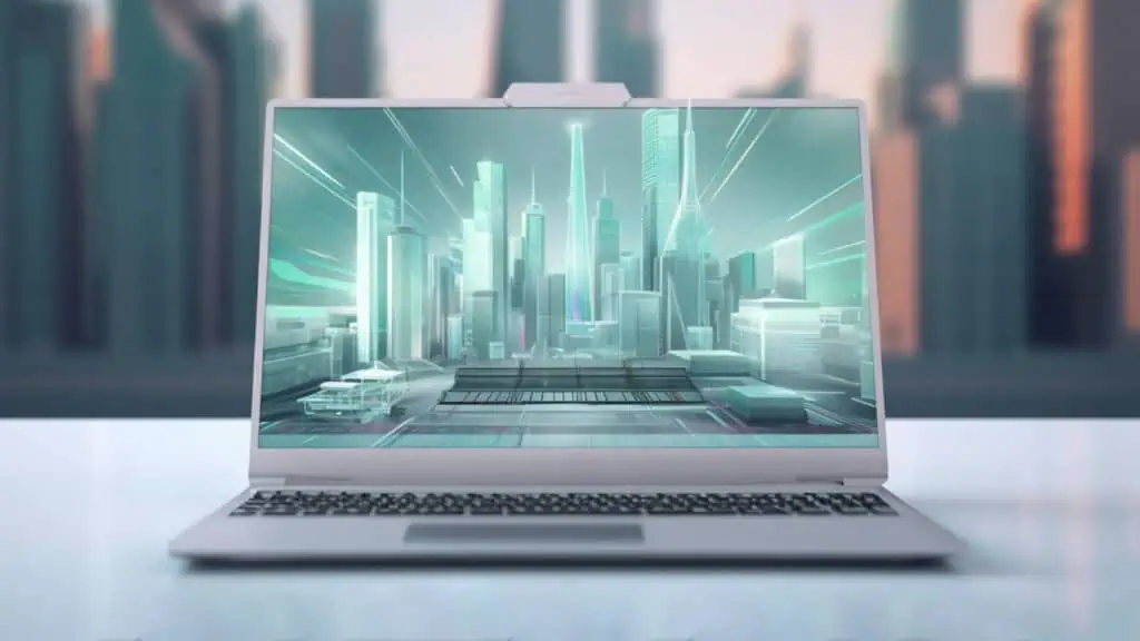 Immagine di un laptop con città futuristica digitale, rappresenta personalizzazione di temi WordPres.