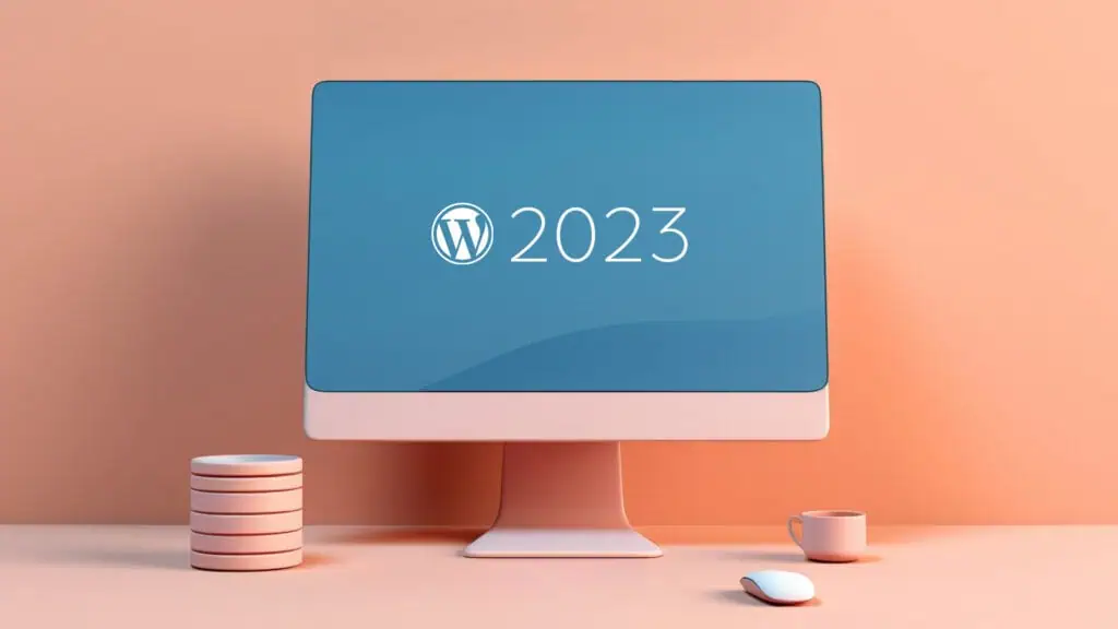 Schermo computer con logo WordPress 2023, design minimalista.
