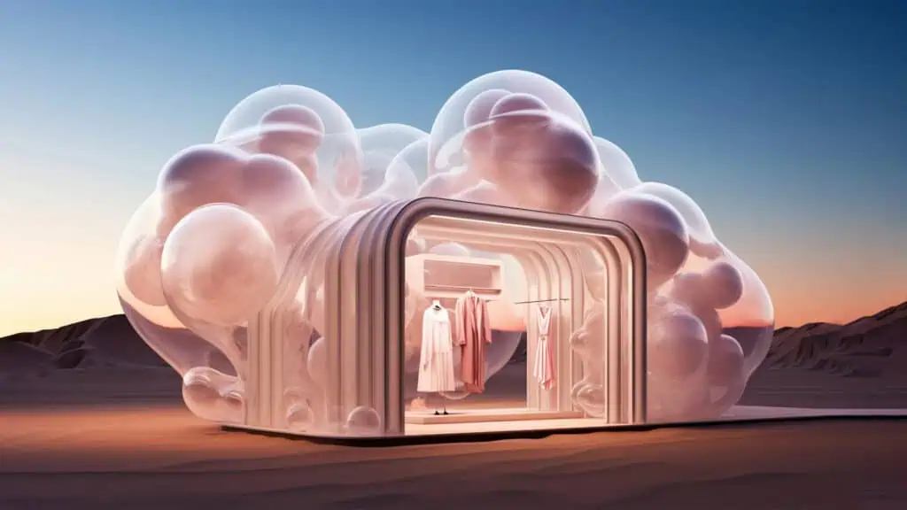 Immagine di un negozio virtuale futuristico con design innovativo e tecnologia cloud.