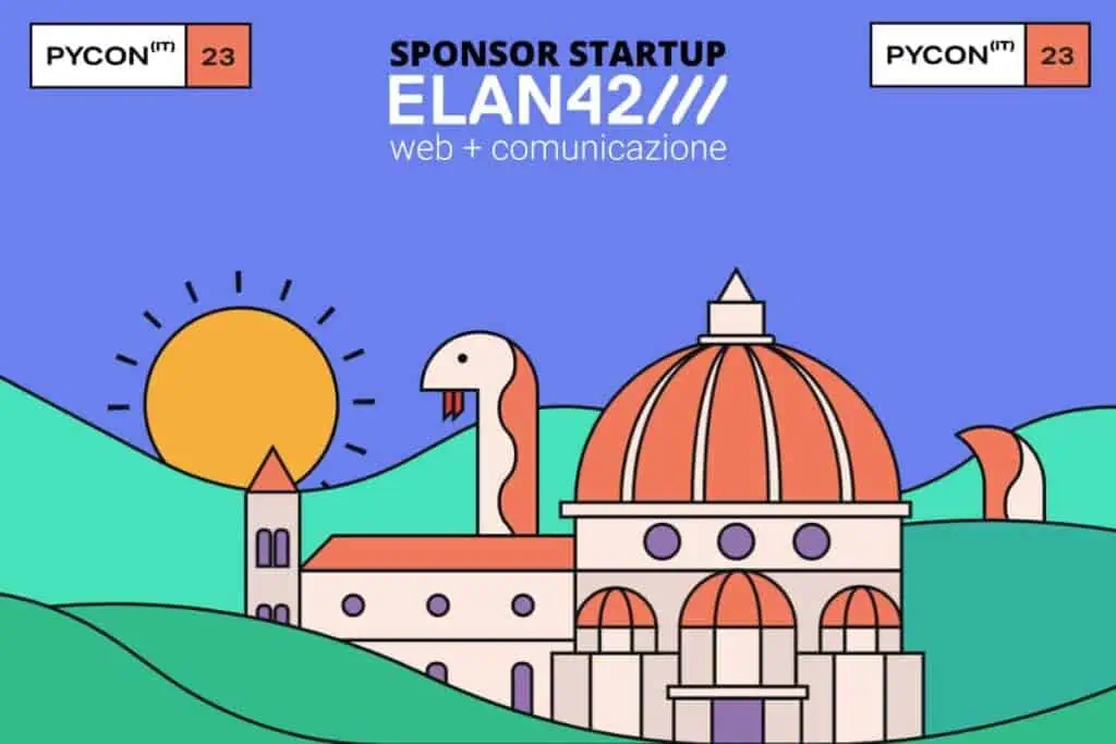 ELAN42 sponsor startup PyCon Italia 2023, innovazione digitale e comunicazione, con simboli di tecno.