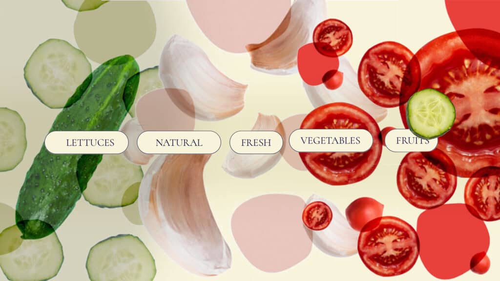 Verdure fresche e naturali con pomodori, cetrioli e aglio in un design moderno e colorato.