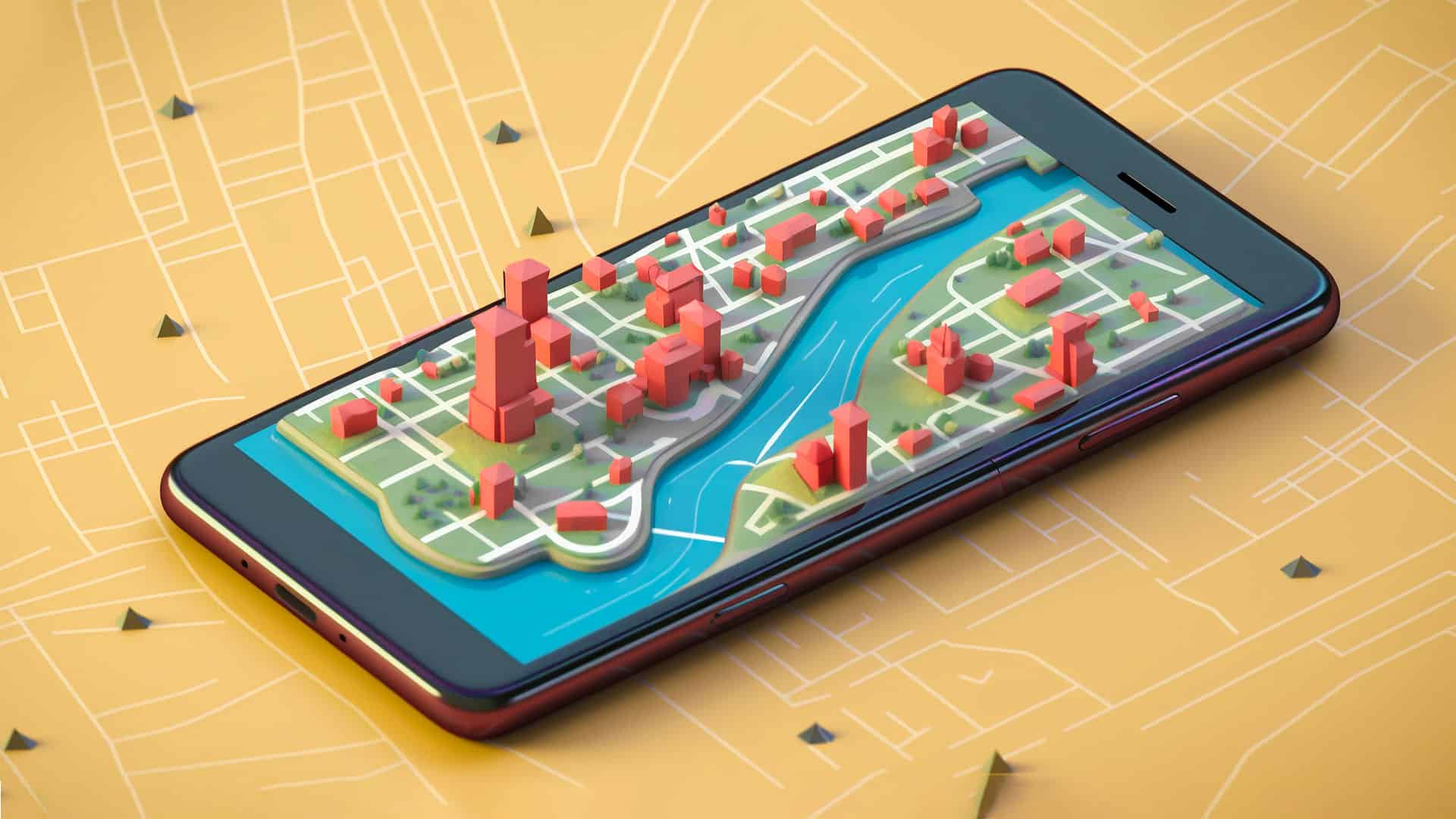 Mappa digitale di un territorio con edifici e fiume visualizzata su smartphone.