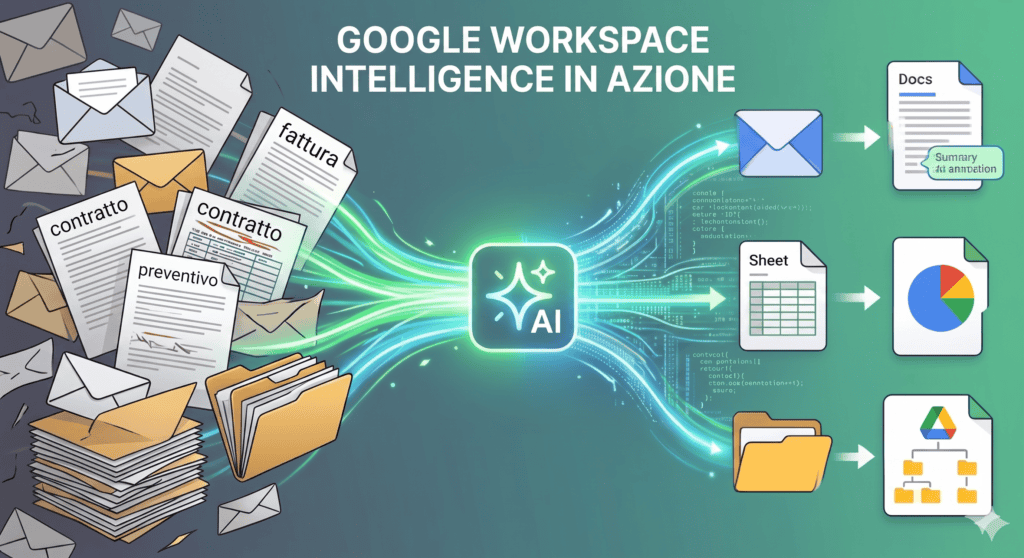 Illustration of Google Workspace AI processing documents and emails, showcasing features for Docs, Sheets, and Drive.