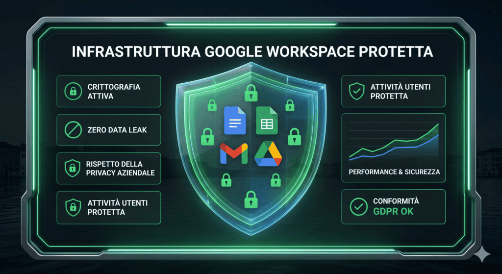 Graphic highlighting the protected infrastructure of Google Workspace, featuring security icons and key features like data encryption and GDPR compliance.