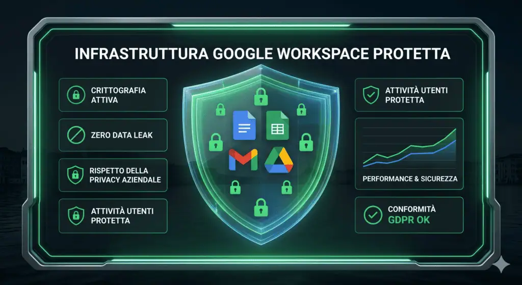 Graphic highlighting the protected infrastructure of Google Workspace, featuring security icons and key features like data encryption and GDPR compliance.