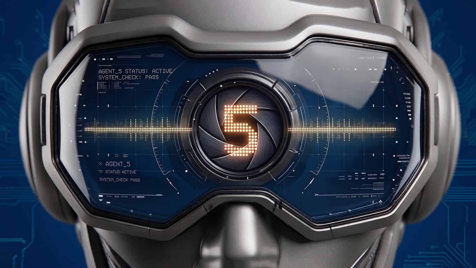 Casco VR con schermo digitale e interfaccia futuristica per esperienze immersive.