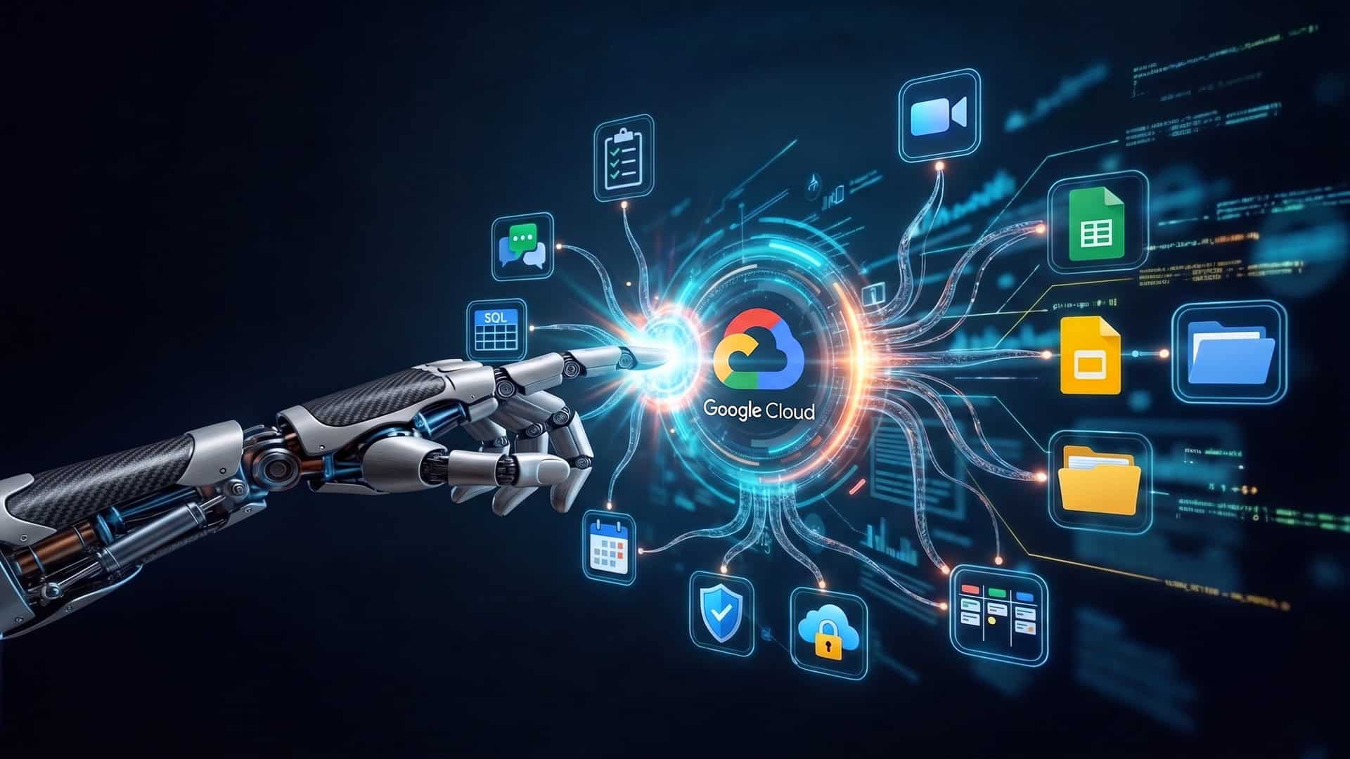 Robot che interagisce con icone di cloud computing e AI, rappresentando innovazione digitale.