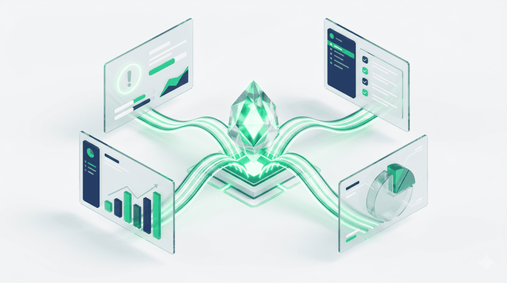 L'Output Layer: Il motore asincrono smista i dati elaborati trasformandoli in reportistica chirurgica, differenziata per Titolare, Project Manager, Team operativo e Cliente.