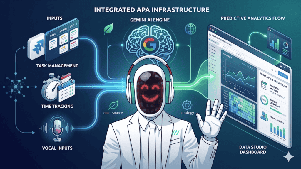 Diagramma dell'infrastruttura APA (Agentic Personal Assistant) sviluppata da ELAN42: flusso di integrazione dati tra tool di task management, time tracking, input vocali e il motore centrale di Intelligenza Artificiale per la reportistica predittiva.