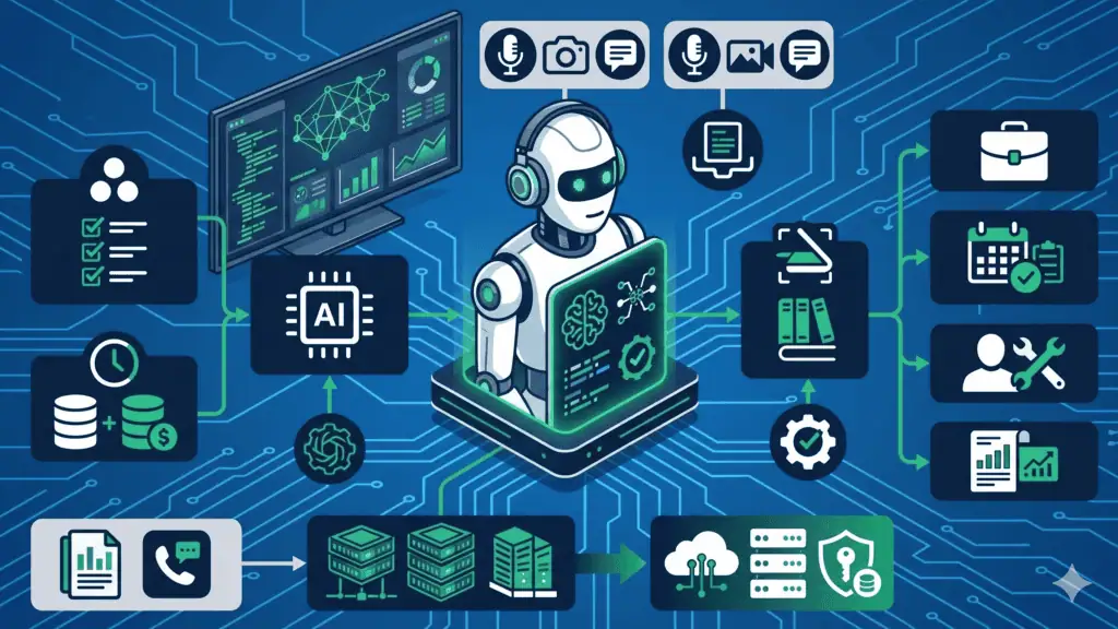 Diagramma dell'infrastruttura APA (Agentic Personal Assistant) sviluppata da ELAN42: flusso di integrazione dati tra tool di task management, time tracking, input vocali e il motore centrale di Intelligenza Artificiale per la reportistica predittiva.