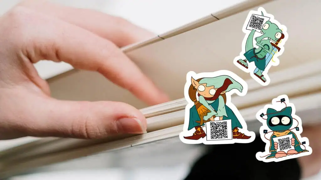 Sticker personalizzati con personaggi divertenti e QR code per eventi e fiere.