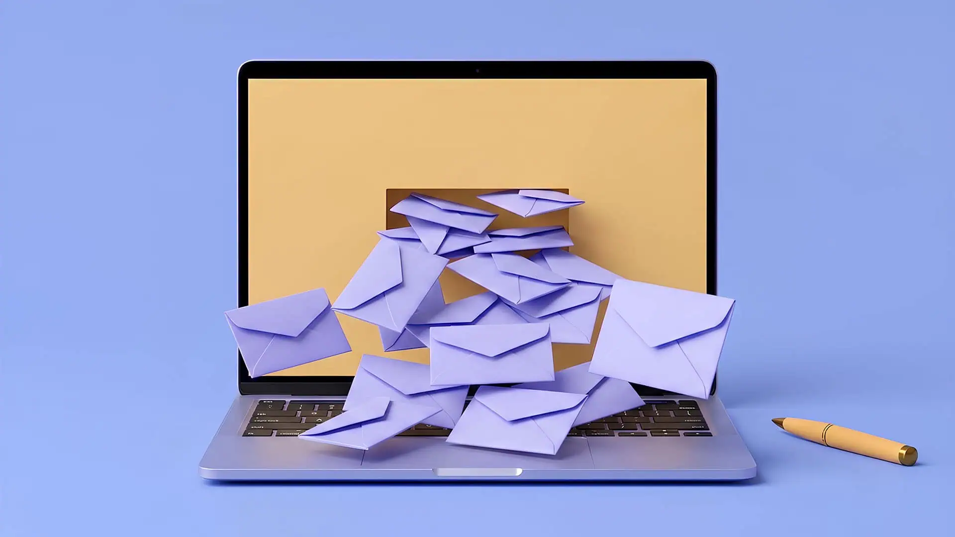 Laptop con molte buste di email in arrivo, simbolo di comunicazioni digitali e gestione email.