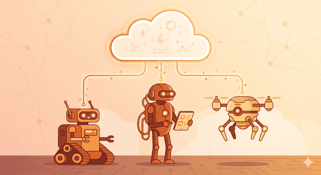 Robot e drone collegati a cloud AI in ambiente tecnologico.