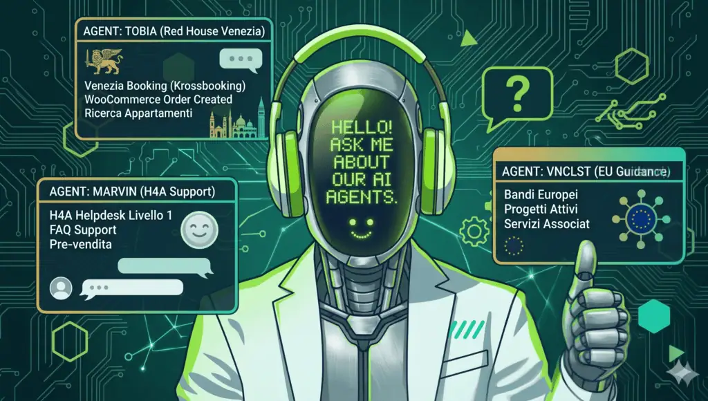 Intelligenza artificiale e chatbot con agenti virtuali e supporto clienti.