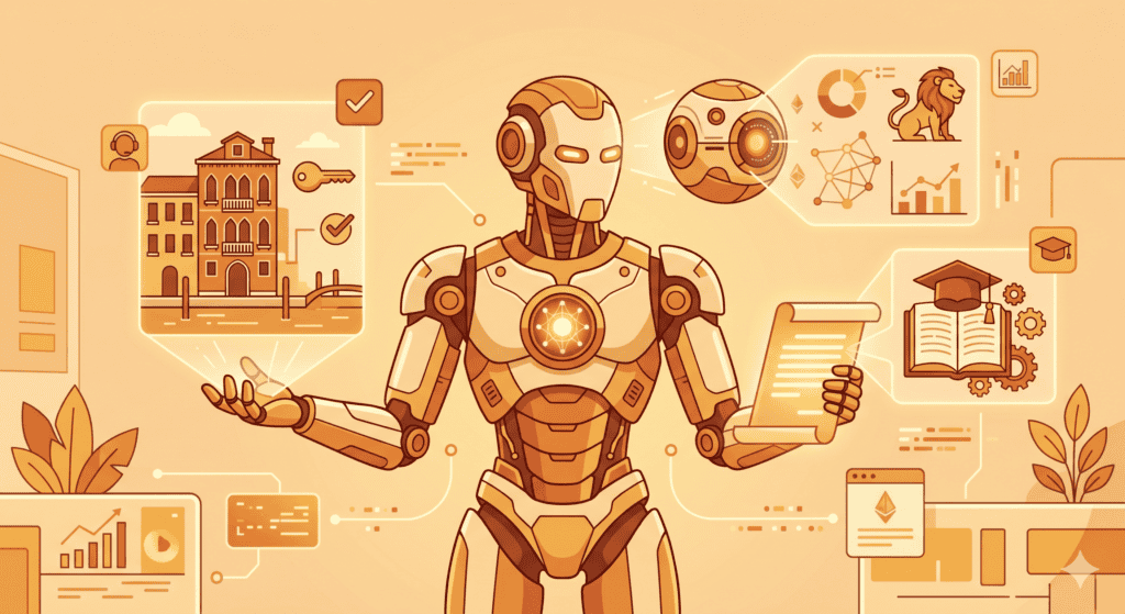 Robot AI con elementi digitali e simboli di tecnologia e innovazione.