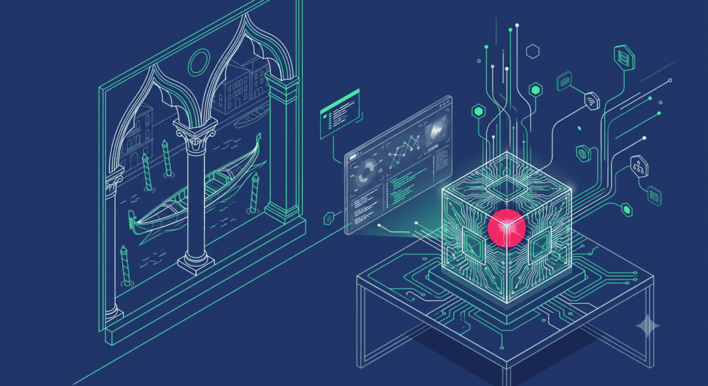 Rappresentazione digitale di un sistema di sicurezza informatica Venetian Punk, con tecnologia Tesseract.