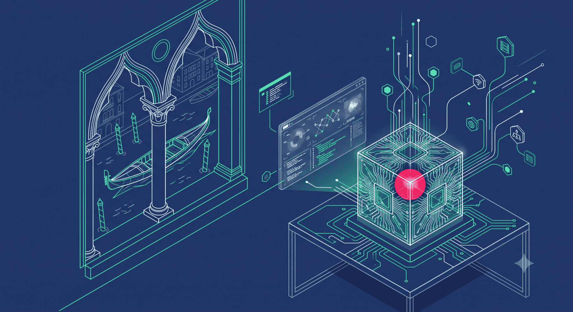 Rappresentazione digitale di un sistema di sicurezza informatica Venetian Punk, con tecnologia Tesseract.