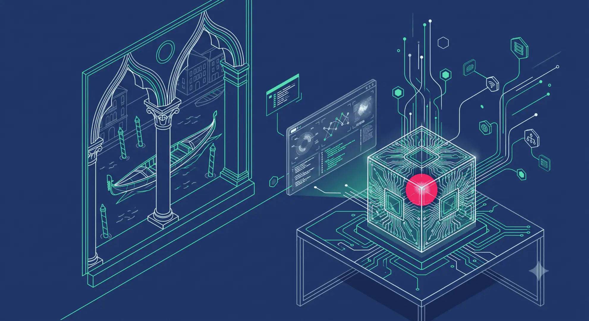 Rappresentazione digitale di un sistema di sicurezza informatica Venetian Punk, con tecnologia Tesseract.
