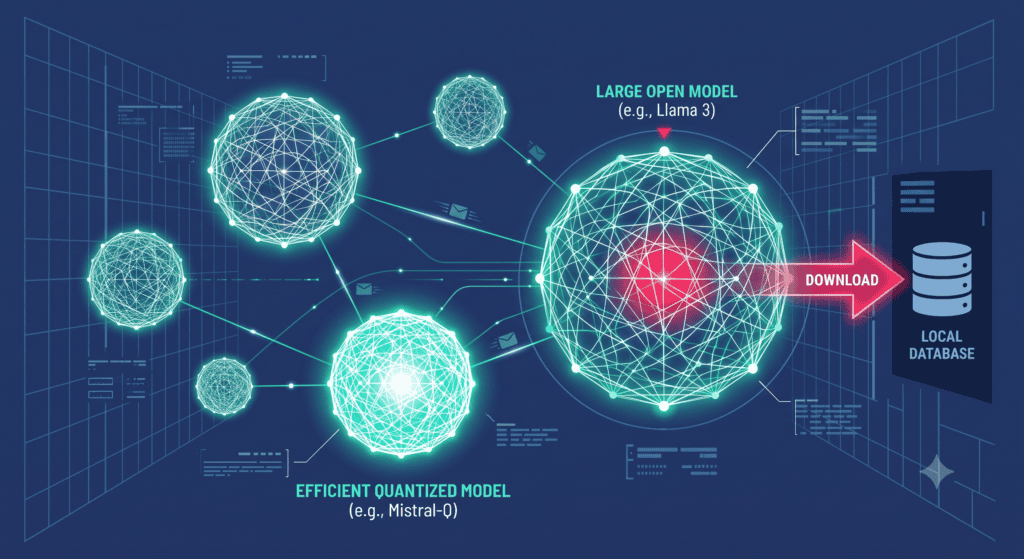 Grafica isometrica di una scheda video GPU e una finestra di terminale che mostra l'installazione e l'ottimizzazione locale del motore IA Ollama.