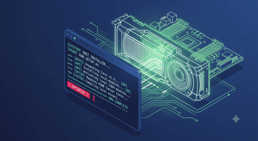 Rappresentazione concettuale in stile wireframe di diversi modelli open source di Intelligenza Artificiale scaricati come sfere luminose in un database locale.