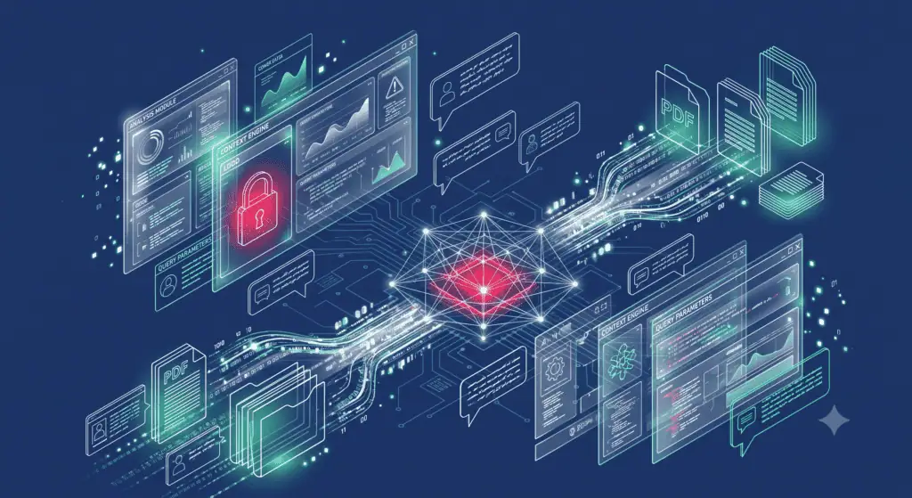 Interfaccia olografica fluttuante e flussi di dati luminosi che mostrano l'analisi sicura e privata di documenti PDF tramite IA in ambiente locale.