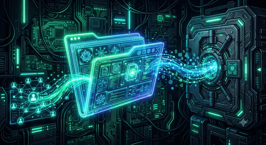 Un'illustrazione d'arte digitale di due robot umanoidi seduti l'uno di fronte all'altro a una scrivania illuminata da circuiti ciano e verdi. Tra loro fluttua un display olografico con un'icona centrale di sincronizzazione e simboli di file, a cui entrambi stanno lavorando. L'ambiente è un laboratorio tecnologico densamente cablato con luci a LED ciano.