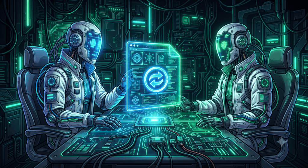 Una scena fantascientifica che mostra due androidi stilizzati (uno con visiera a griglia ciano, l'altro con visiera a griglia verde) seduti a una postazione di lavoro a scrivania di circuiti proiettati. Un'interfaccia olografica semitrasparente fluttuante visualizza un'icona di sincronizzazione dati centrale, diagrammi geometrici e strutture di file, con entrambi i robot che usano le mani per interagire con i dati. L'ambiente è un laboratorio di rete con cablaggi densi e illuminazione ciano e verde dominante.
