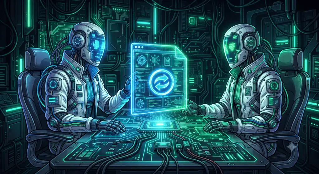 Una scena fantascientifica che mostra due androidi stilizzati (uno con visiera a griglia ciano, l'altro con visiera a griglia verde) seduti a una postazione di lavoro a scrivania di circuiti proiettati. Un'interfaccia olografica semitrasparente fluttuante visualizza un'icona di sincronizzazione dati centrale, diagrammi geometrici e strutture di file, con entrambi i robot che usano le mani per interagire con i dati. L'ambiente è un laboratorio di rete con cablaggi densi e illuminazione ciano e verde dominante.