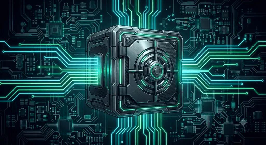 Due specialisti di dati cyborg, le loro figure bianche e ciano illuminate dai circuiti proiettati della loro scrivania futuristica, collaborano su un'interfaccia olografica fluttuante. Un simbolo di aggiornamento e sincronizzazione centrale è il punto focale del loro lavoro, un ponte di dati digitali tra le loro menti artificiali, in un laboratorio server fantascientifico.
