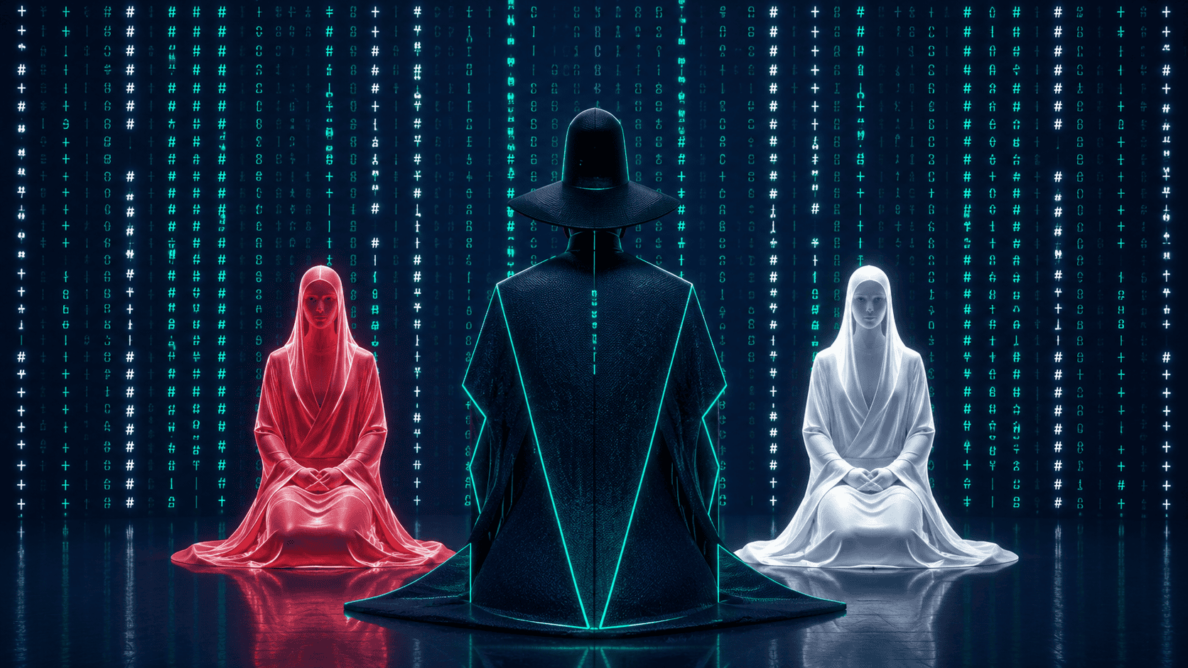 Tre figure in abiti futuristici in un ambiente digitale con codice binario.