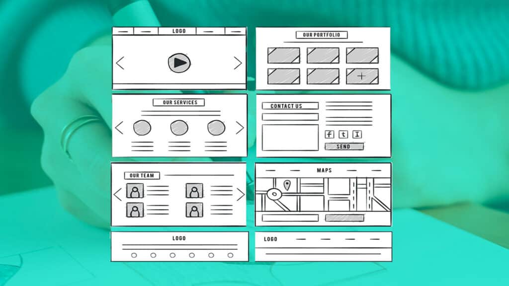 Schermata di wireframe di un sito web con sezioni per servizi, team e contatti.