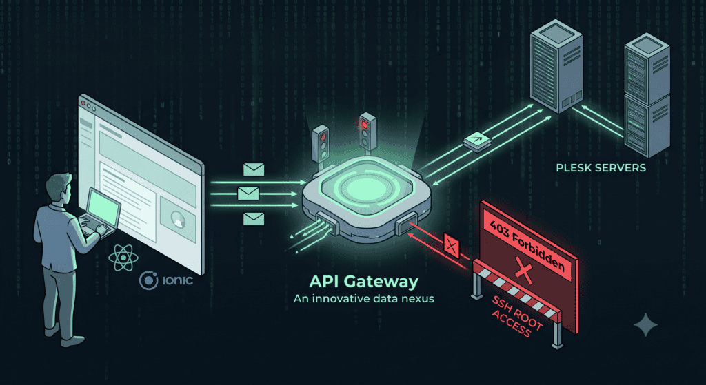 Diagramma di API Gateway con server Plesk e misure di sicurezza.