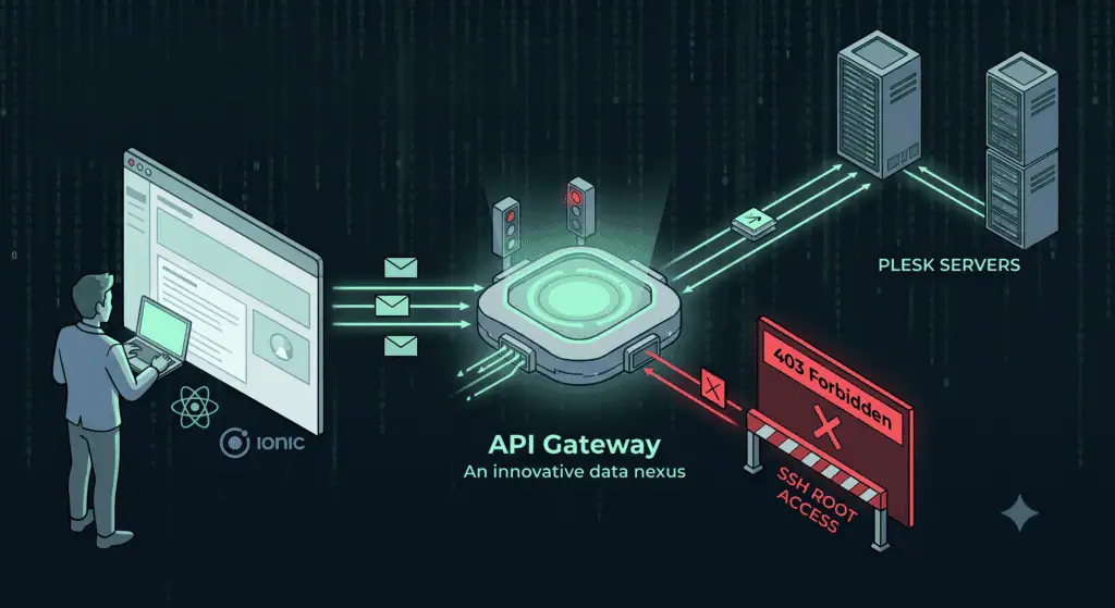 Diagramma di API Gateway con server Plesk e misure di sicurezza.