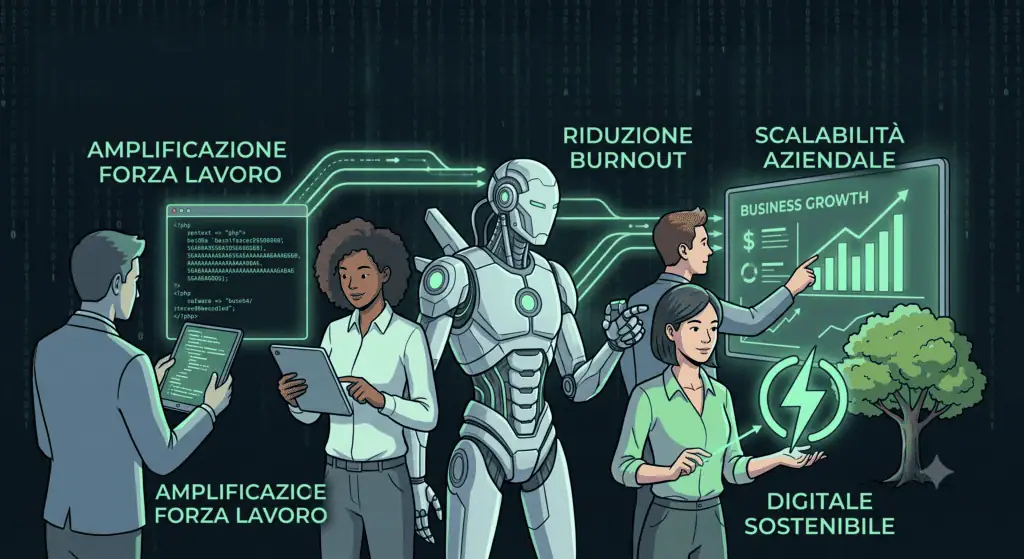 Tecnologia AI e sostenibilità in un'illustrazione moderna e innovativa.