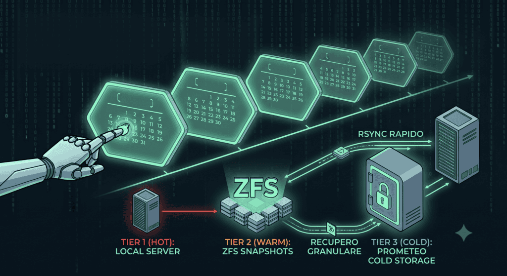 Schema di rete ZFS con server, snapshot e storage a freddo.