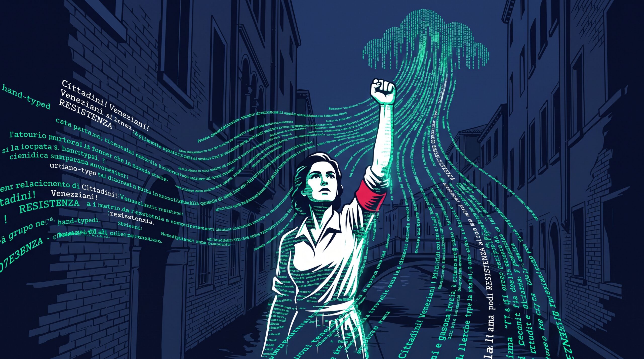 Illustrazione tech-cyberpunk Partigiana a Venezia: vicolo notturno, pugno alzato, corpo che si trasforma in flussi di dati glitch acid green con testo (Veneziani! RESISTENZA) verso una nuvola digitale nel cielo. Colori ELAN42.