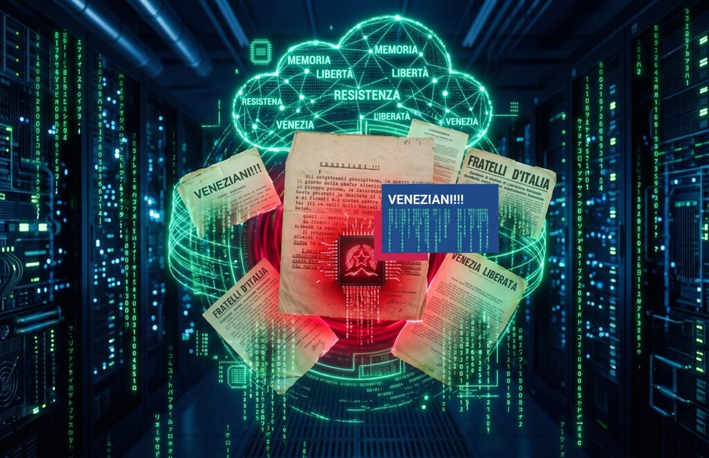 Documenti storici fluttuanti della Resistenza italiana in un data center con chip integrato e dati cadenti.