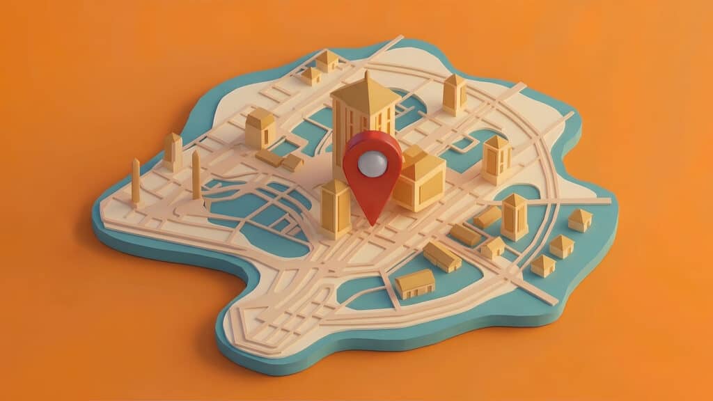 Mappa 3D di una città con marker rosso per localizzazione.