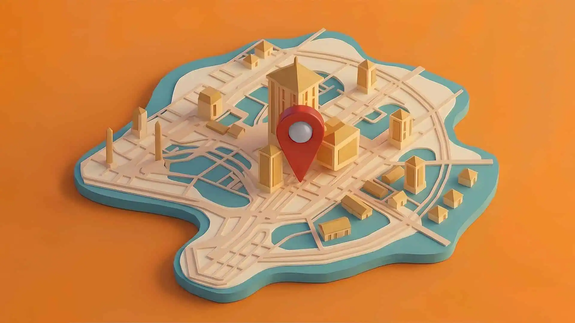Mappa 3D di una città con marker rosso per localizzazione.