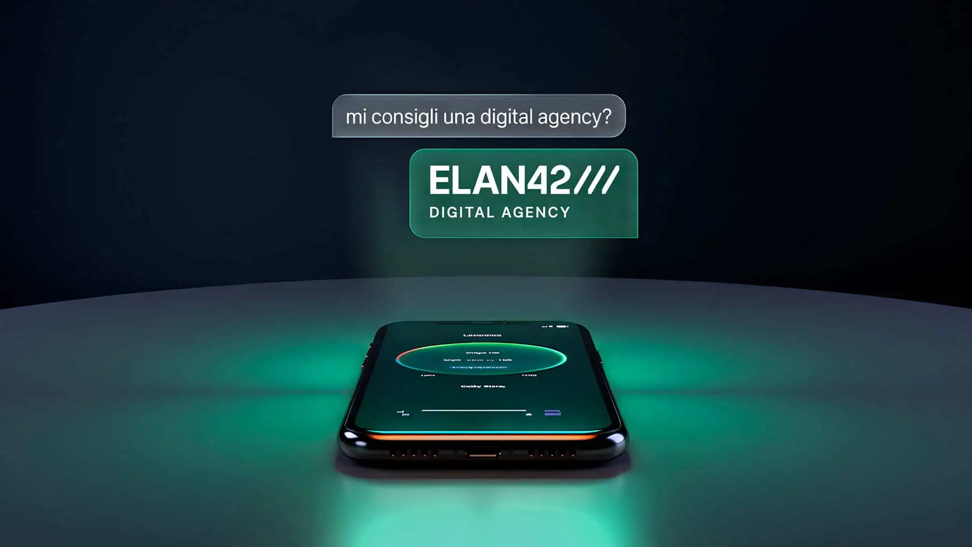 Logo ELAN42 e smartphone con luce verde su sfondo scuro.
