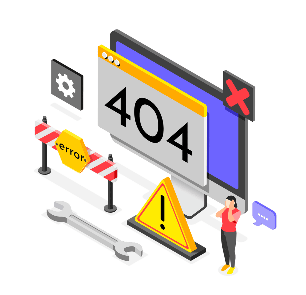 Pagina errore 404 con segnale di avviso e ostacoli di sicurezza digitali.