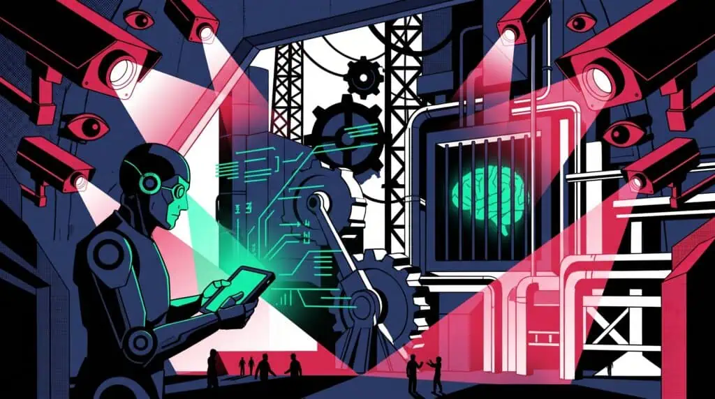 Un cyborg hacker osserva i meccanismi interni di un server attraverso le sbarre, rappresentando l'agente AI che smonta i software proprietari.