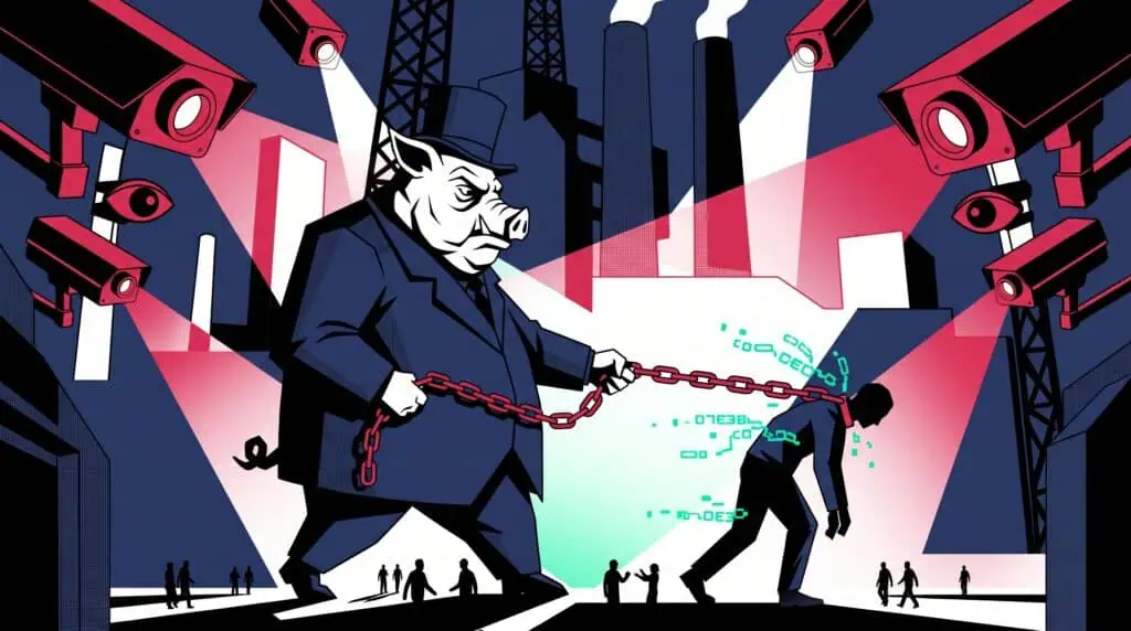Un enorme maiale in abito elegante, in stile distopico, tiene al guinzaglio un uomo sottomesso, a simboleggiare il controllo corporativo tecnologico.