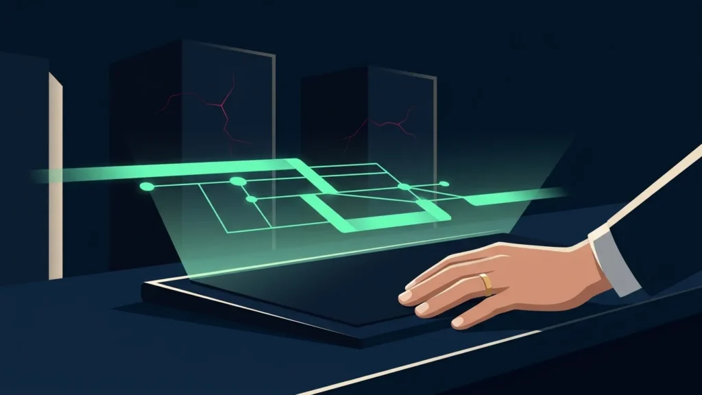 Una mano appoggiata su un tablet da cui sale uno schema di circuiti luminosi verso due server