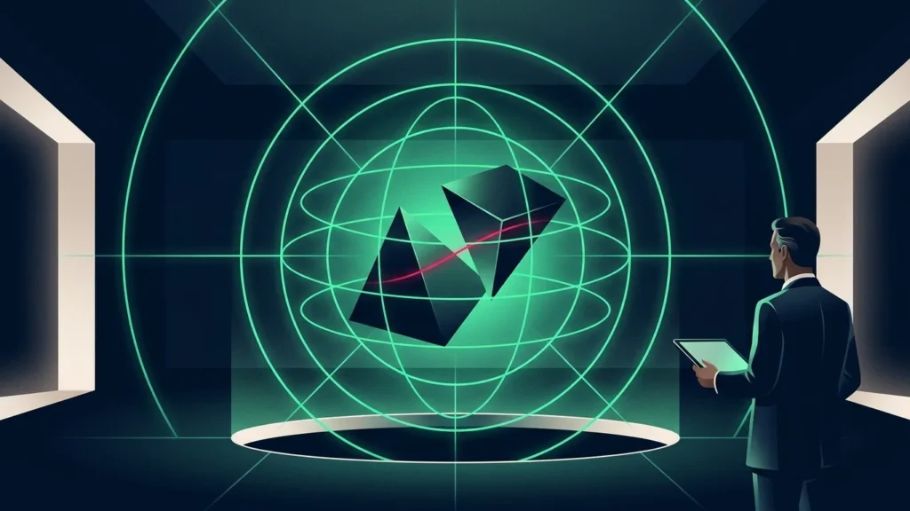 Un uomo con un tablet osserva un solido spezzato sospeso dentro una sfera di anelli luminosi
