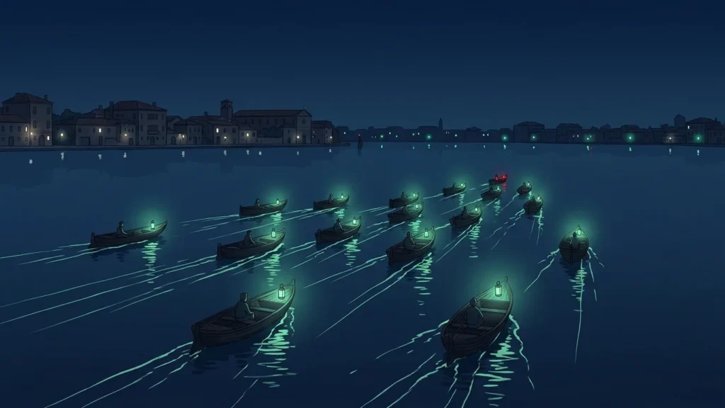 Una flotta di piccole barche di legno naviga in formazione sulla laguna di notte, ognuna con la sua lanterna accesa