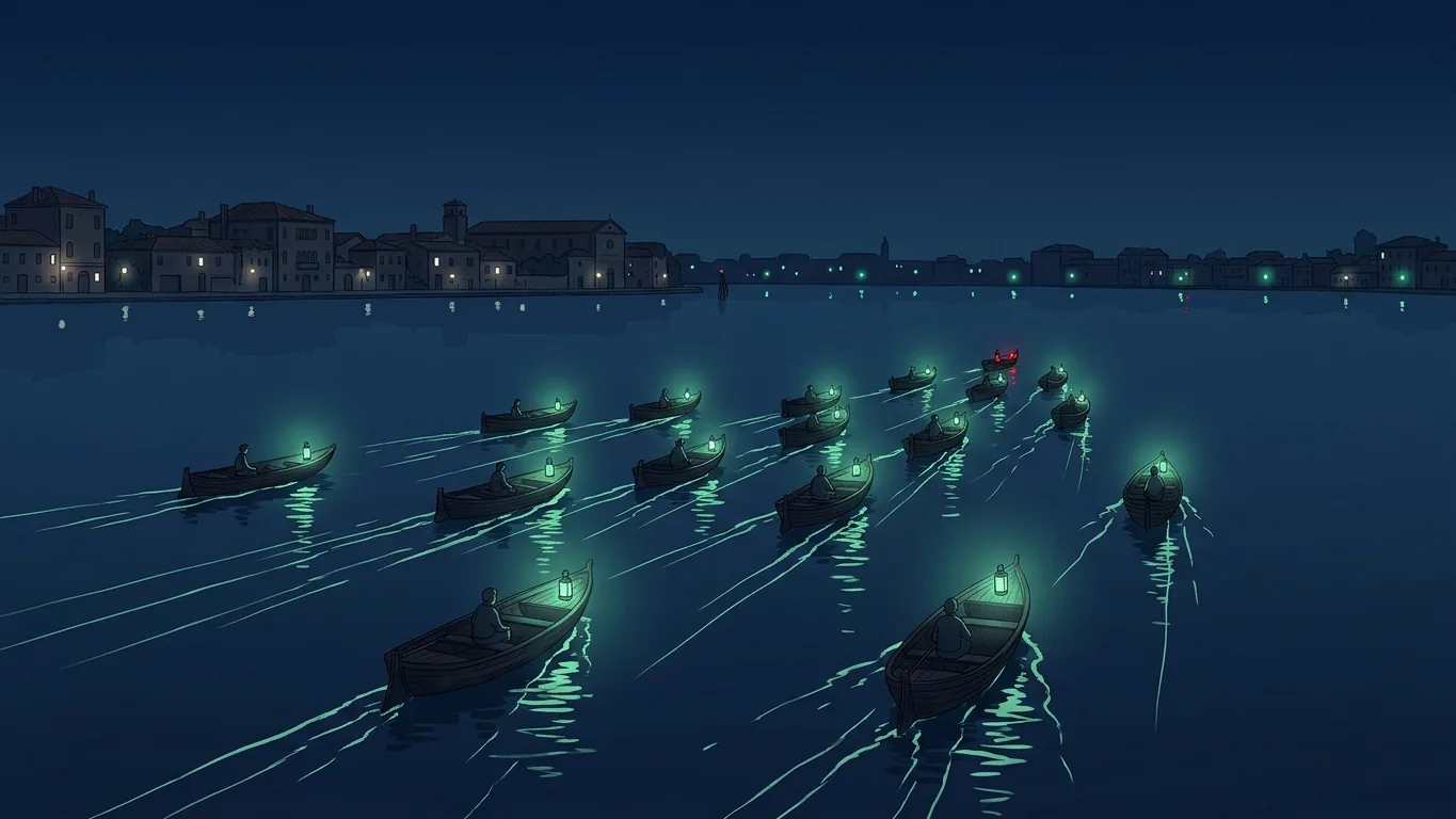 Una flotta di piccole barche di legno naviga in formazione sulla laguna di notte, ognuna con la sua lanterna accesa